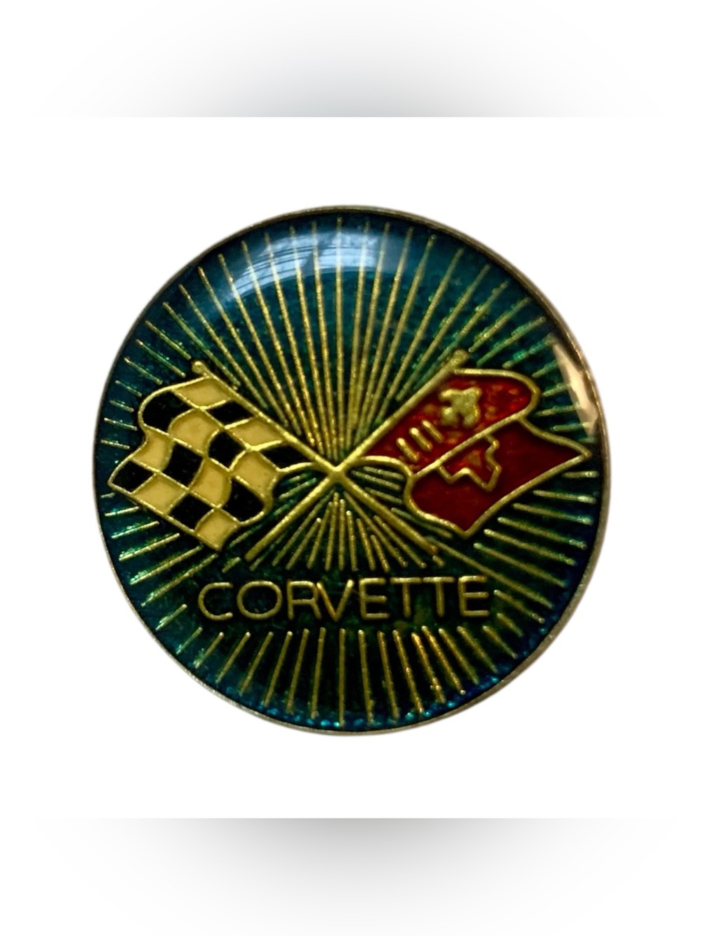 VTG 1980s Corvette Crossed Flags Sunburst Enamel Lapel Hat Pin Tie Tac